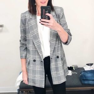 Free People Oversized Black White Plaid Tweed Blazer Jacket Size L
